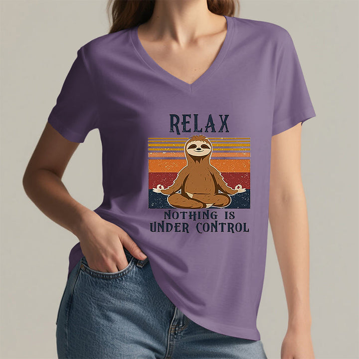 Olivenorma Meditating Sloth "Relax Nothing Is Under Control" Print V-Neck T-Shirt - image 38