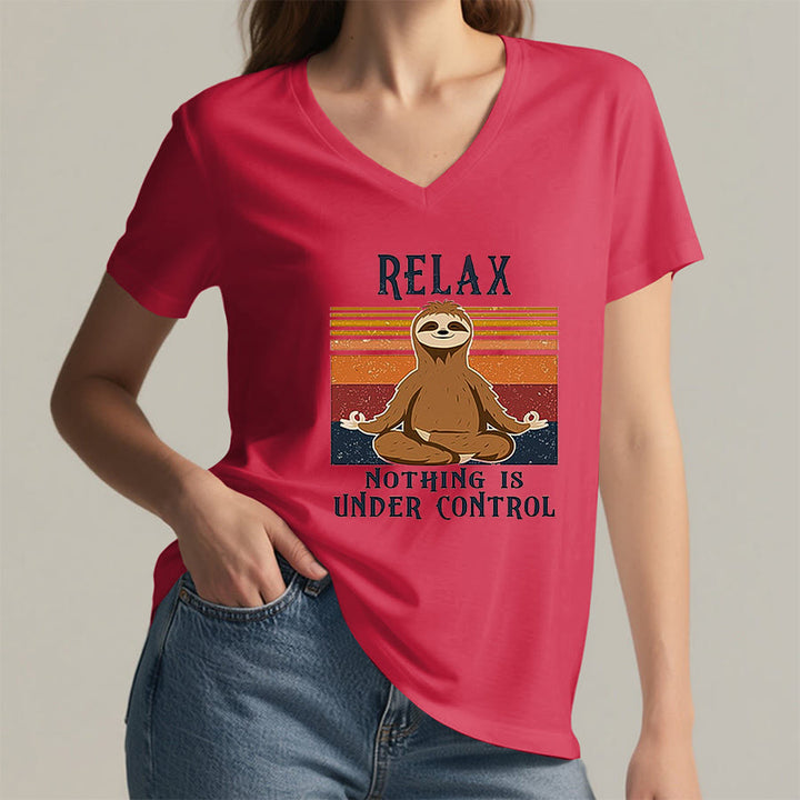 Olivenorma Meditating Sloth "Relax Nothing Is Under Control" Print V-Neck T-Shirt - image 29
