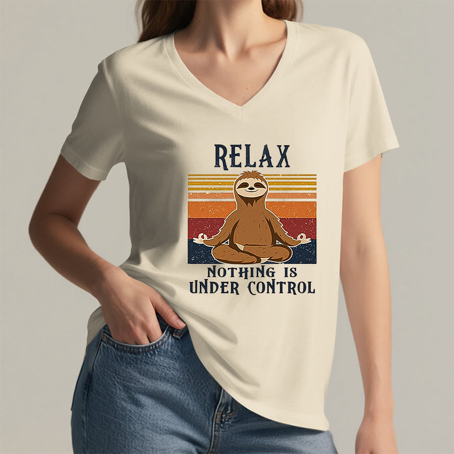 Olivenorma Meditating Sloth "Relax Nothing Is Under Control" Print V-Neck T-Shirt - image 5