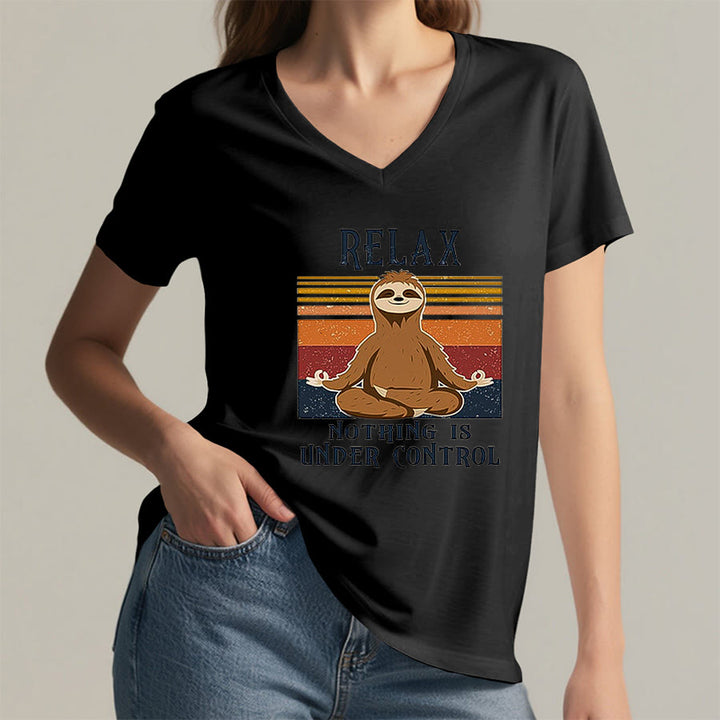 Olivenorma Meditating Sloth "Relax Nothing Is Under Control" Print V-Neck T-Shirt - image 14