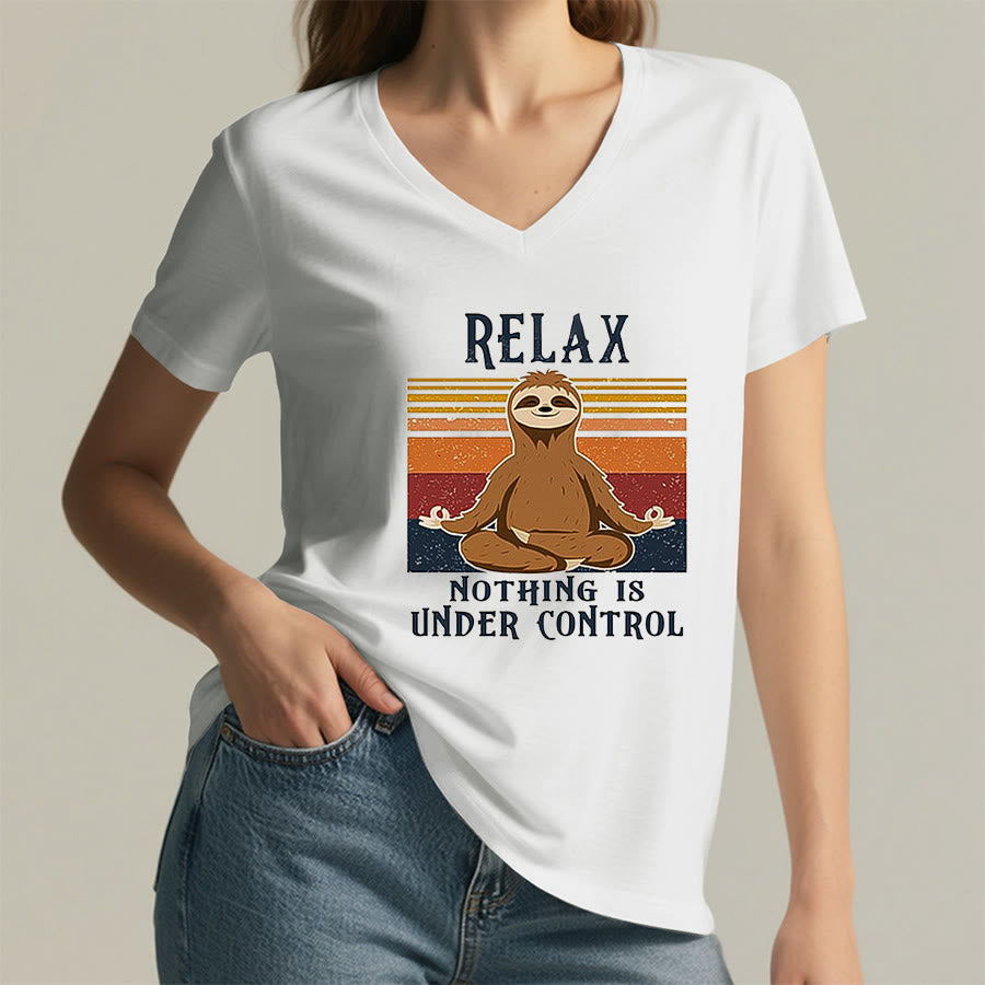 Olivenorma Meditating Sloth "Relax Nothing Is Under Control" Print V-Neck T-Shirt - image 20