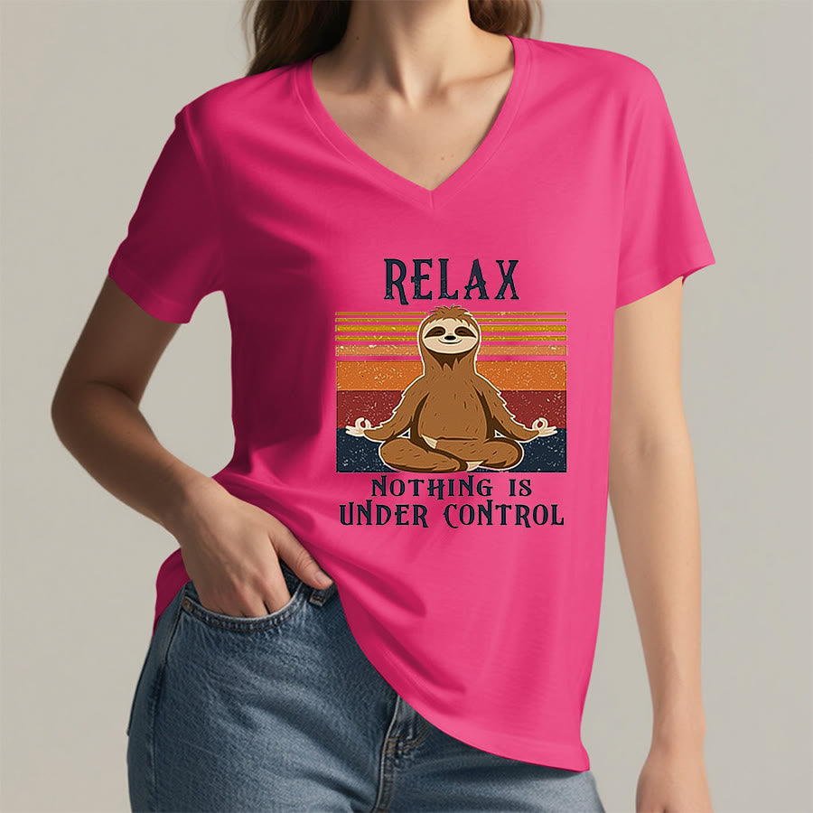 Olivenorma Meditating Sloth "Relax Nothing Is Under Control" Print V-Neck T-Shirt - image 35