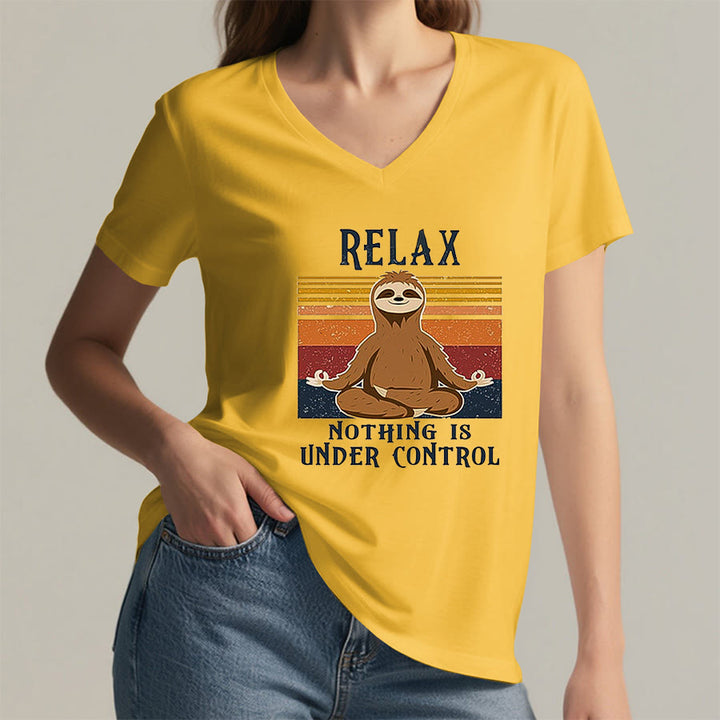 Olivenorma Meditating Sloth "Relax Nothing Is Under Control" Print V-Neck T-Shirt - image 32