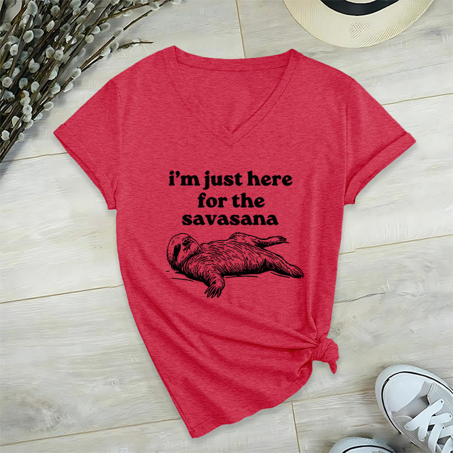 Olivenorma Humorous Sloth "Savasana" Quote Graphic V-Neck T-Shirt - Red - 2XL - image 27