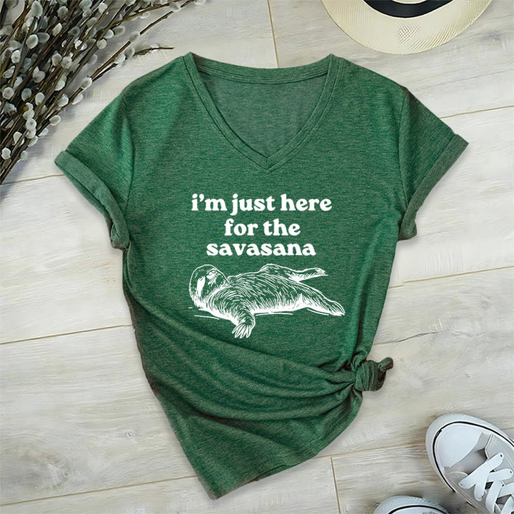 Olivenorma Humorous Sloth "Savasana" Quote Graphic V-Neck T-Shirt - Dark Green - 2XL - image 0