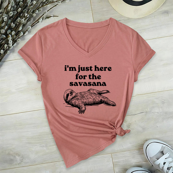 Olivenorma Humorous Sloth "Savasana" Quote Graphic V-Neck T-Shirt - Pink - 2XL - image 6