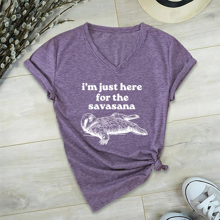 Olivenorma Humorous Sloth "Savasana" Quote Graphic V-Neck T-Shirt - Purple - 2XL - image 36