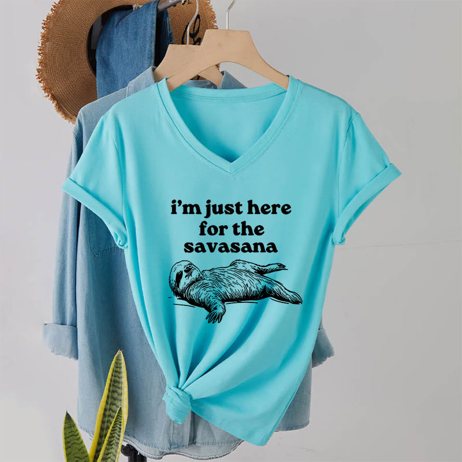 Olivenorma Humorous Sloth "Savasana" Quote Graphic V-Neck T-Shirt - image 10