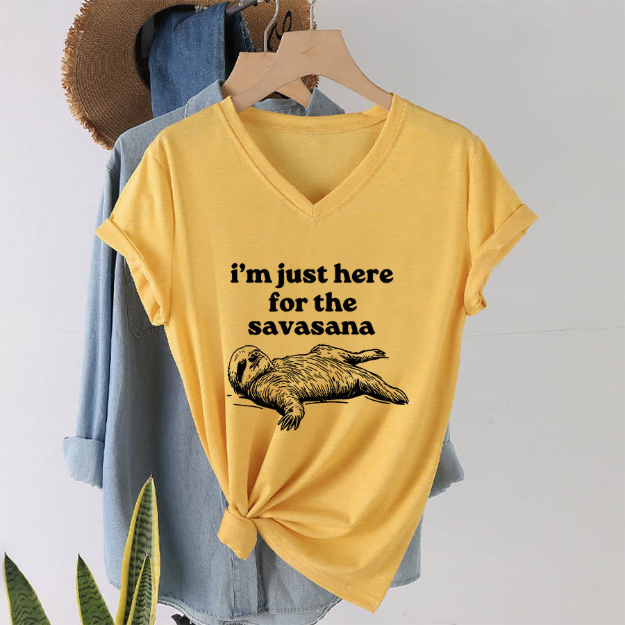 Olivenorma Humorous Sloth "Savasana" Quote Graphic V-Neck T-Shirt - image 31