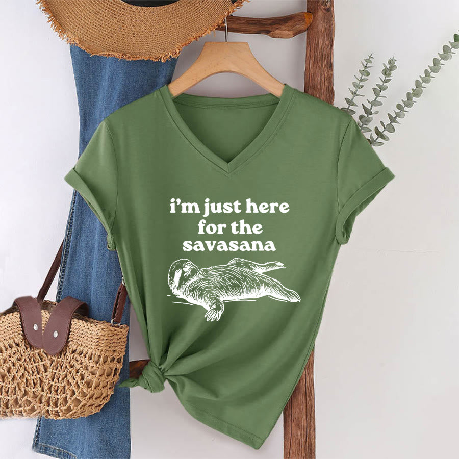 Olivenorma Humorous Sloth "Savasana" Quote Graphic V-Neck T-Shirt - image 25