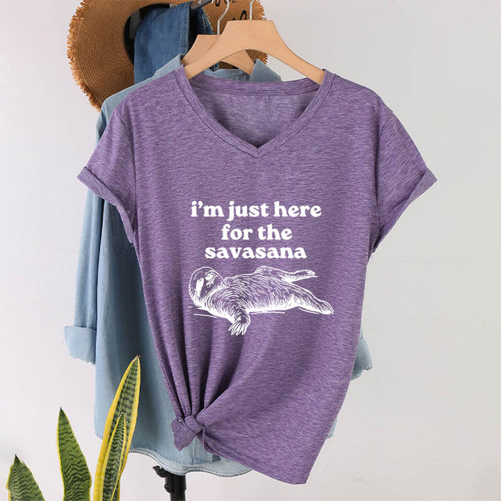 Olivenorma Humorous Sloth "Savasana" Quote Graphic V-Neck T-Shirt - image 37