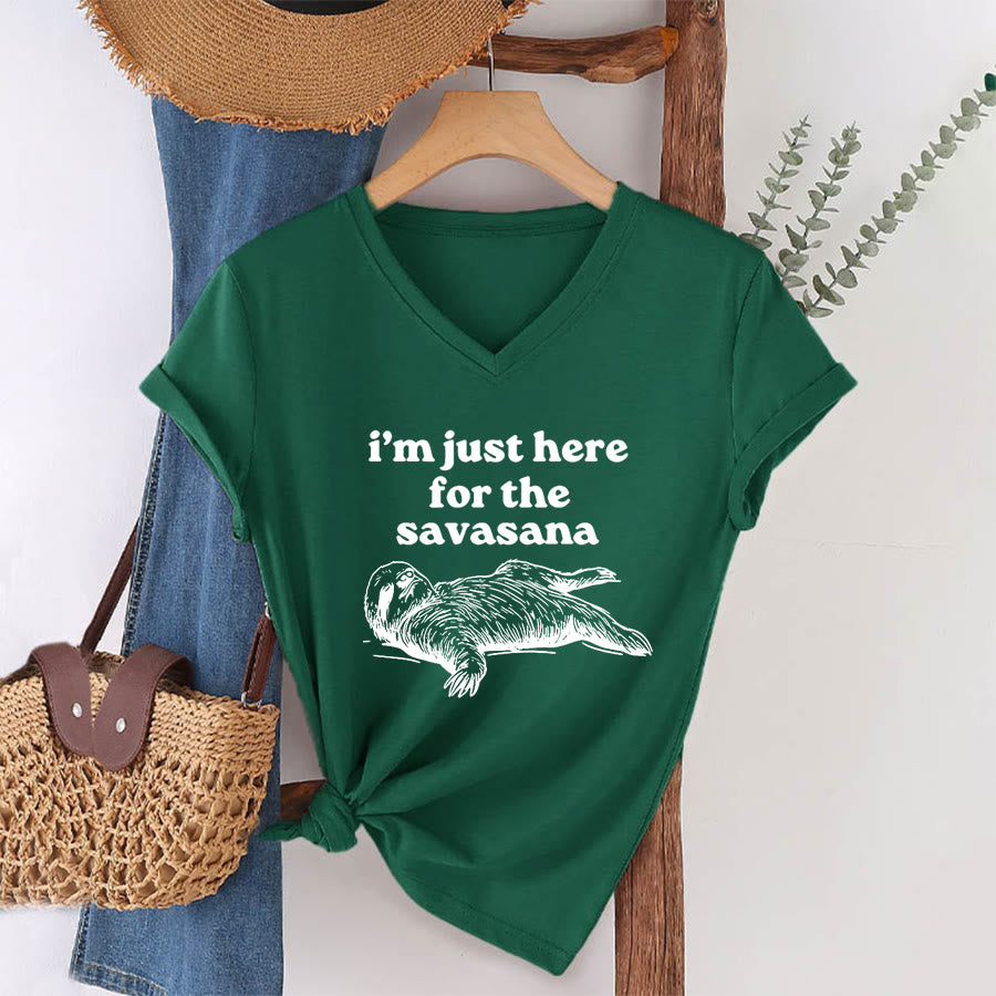 Olivenorma Humorous Sloth "Savasana" Quote Graphic V-Neck T-Shirt - image 1