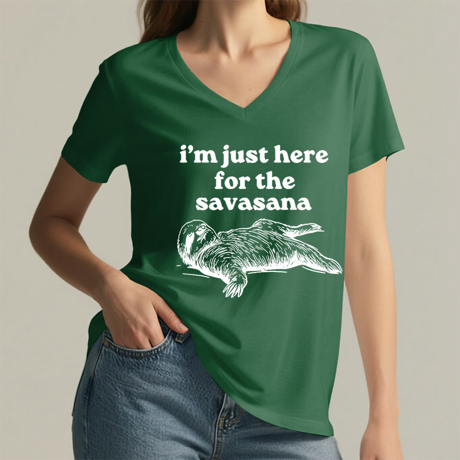 Olivenorma Humorous Sloth "Savasana" Quote Graphic V-Neck T-Shirt - image 2