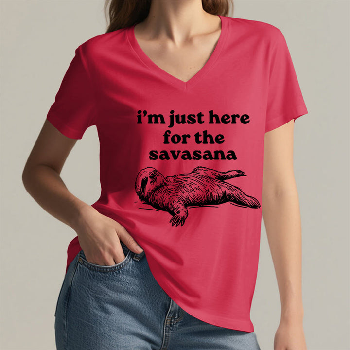 Olivenorma Humorous Sloth "Savasana" Quote Graphic V-Neck T-Shirt - image 29