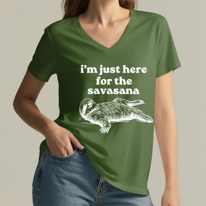 Olivenorma Humorous Sloth "Savasana" Quote Graphic V-Neck T-Shirt - image 26