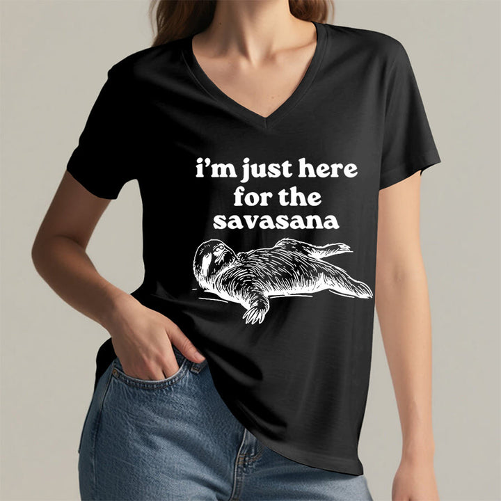 Olivenorma Humorous Sloth "Savasana" Quote Graphic V-Neck T-Shirt - image 14