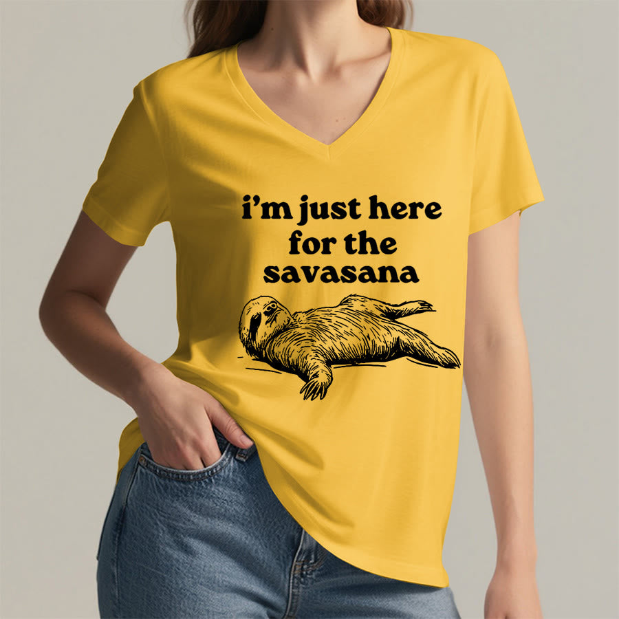 Olivenorma Humorous Sloth "Savasana" Quote Graphic V-Neck T-Shirt - image 32