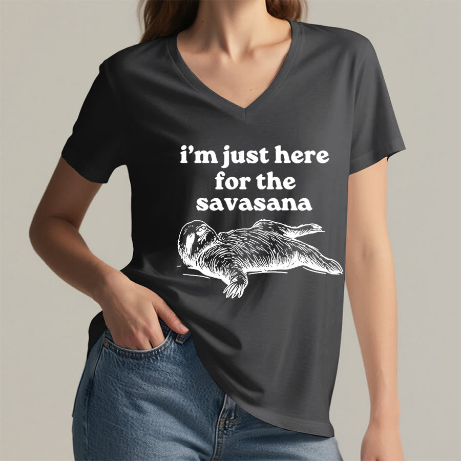 Olivenorma Humorous Sloth "Savasana" Quote Graphic V-Neck T-Shirt - image 17
