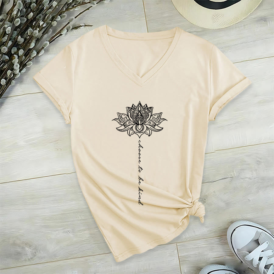 Olivenorma “Choose To Be Kind” Lotus Mandala Print V-Neck T-Shirt - Khaki - 2XL - image 3