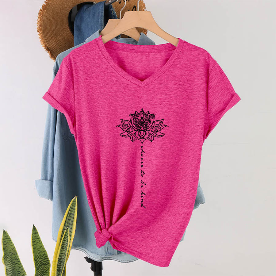 Olivenorma “Choose To Be Kind” Lotus Mandala Print V-Neck T-Shirt - Rose Red - 2XL - image 33