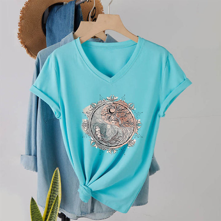 Olivenorma Intricate Yin Yang Nature Design With Tree and Koi V-Neck T-Shirt - Lake Blue - 2XL - image 9