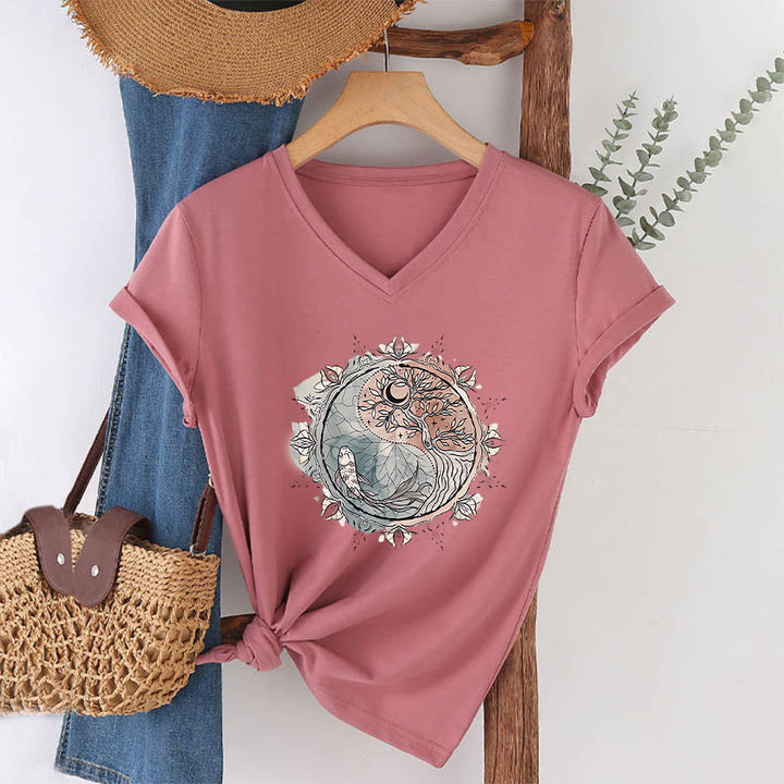 Olivenorma Intricate Yin Yang Nature Design With Tree and Koi V-Neck T-Shirt - Pink - 2XL - image 6