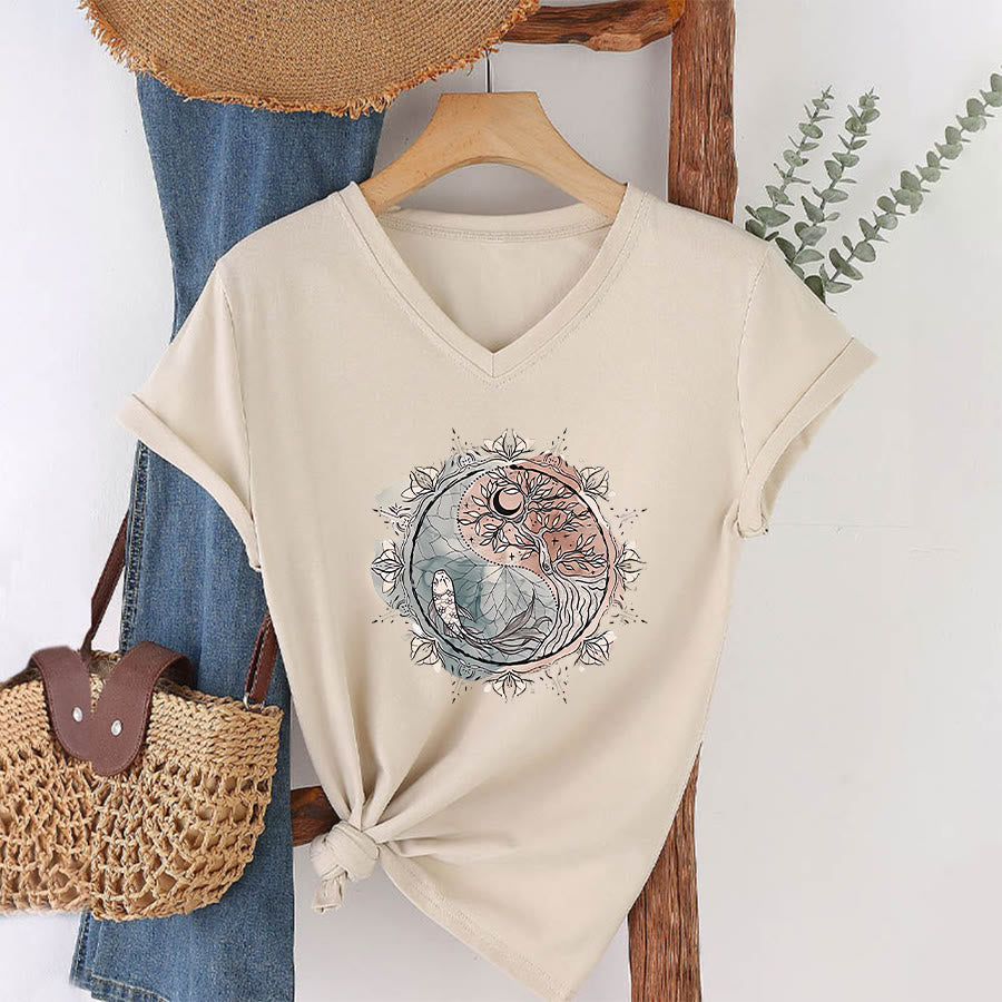 Olivenorma Intricate Yin Yang Nature Design With Tree and Koi V-Neck T-Shirt - Khaki - 2XL - image 3