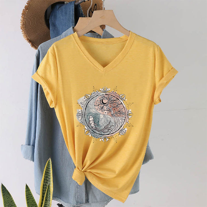 Olivenorma Intricate Yin Yang Nature Design With Tree and Koi V-Neck T-Shirt - Yellow - 2XL - image 30