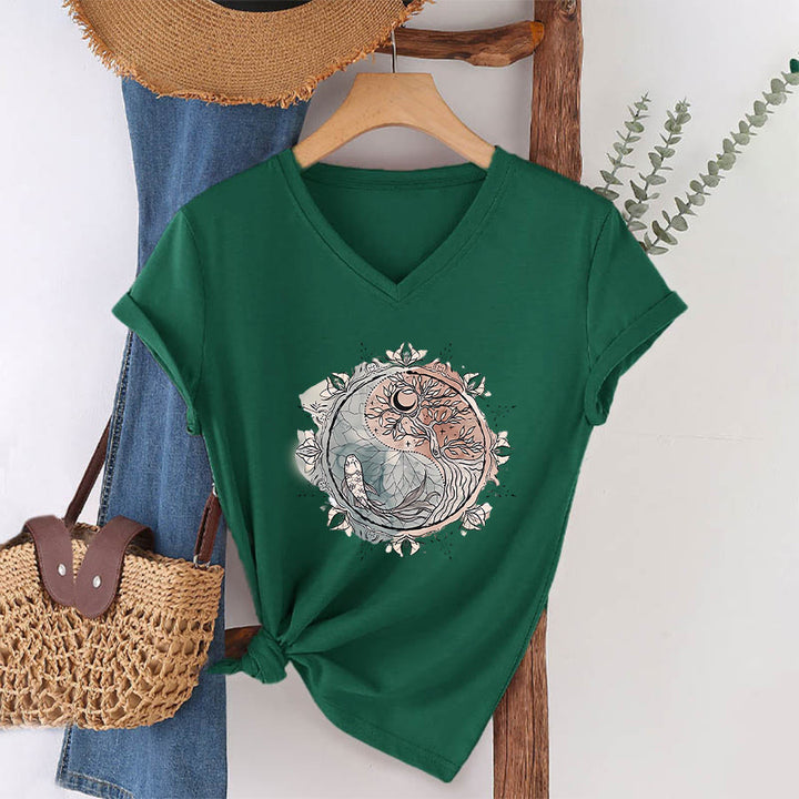 Olivenorma Intricate Yin Yang Nature Design With Tree and Koi V-Neck T-Shirt - Dark Green - 2XL - image 21