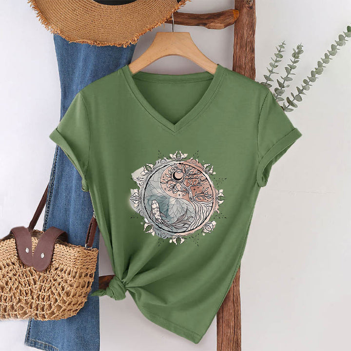 Olivenorma Intricate Yin Yang Nature Design With Tree and Koi V-Neck T-Shirt - Olive Green - 2XL - image 24