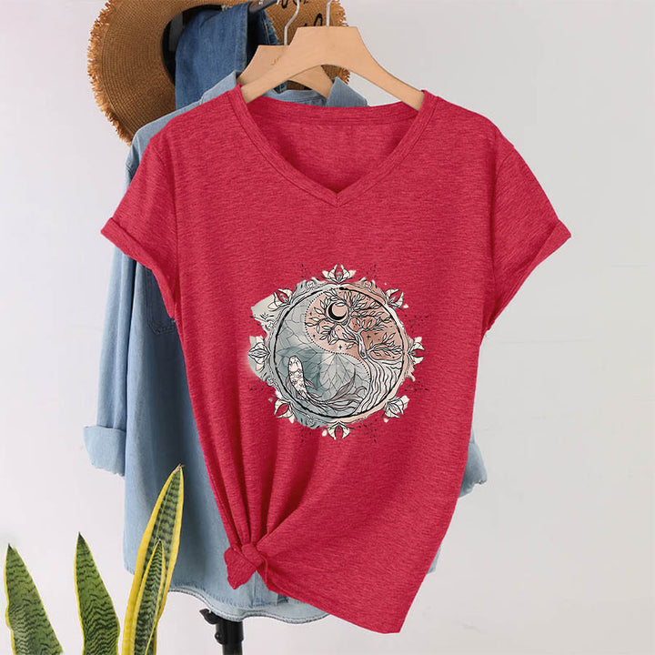 Olivenorma Intricate Yin Yang Nature Design With Tree and Koi V-Neck T-Shirt - Red - 2XL - image 27