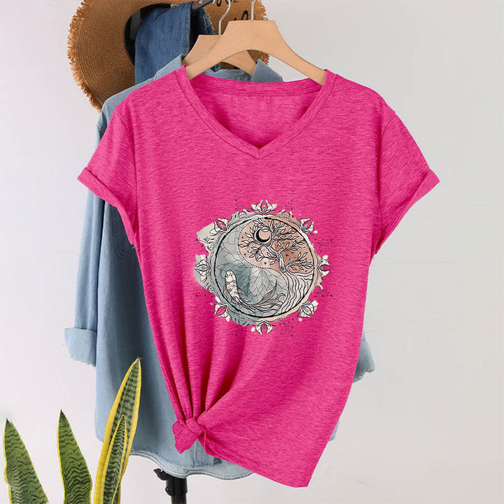Olivenorma Intricate Yin Yang Nature Design With Tree and Koi V-Neck T-Shirt - Rose Red - 2XL - image 33