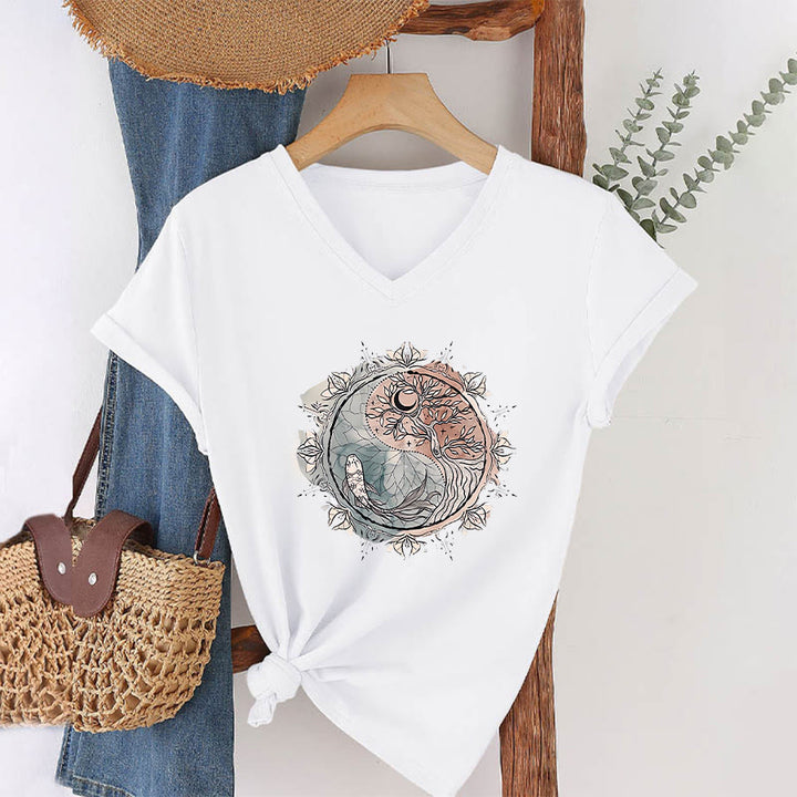 Olivenorma Intricate Yin Yang Nature Design With Tree and Koi V-Neck T-Shirt - White - 2XL - image 0