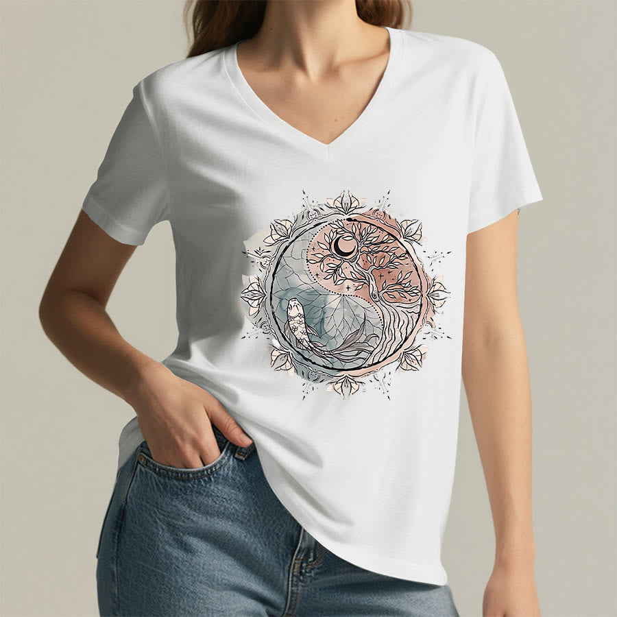 Olivenorma Intricate Yin Yang Nature Design With Tree and Koi V-Neck T-Shirt - image 1