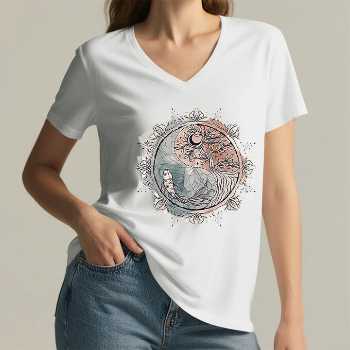 Olivenorma Intricate Yin Yang Nature Design With Tree and Koi V-Neck T-Shirt - image 1