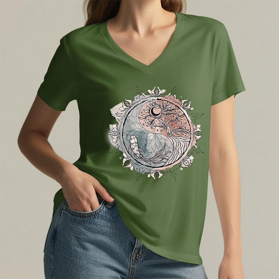 Olivenorma Intricate Yin Yang Nature Design With Tree and Koi V-Neck T-Shirt - image 25