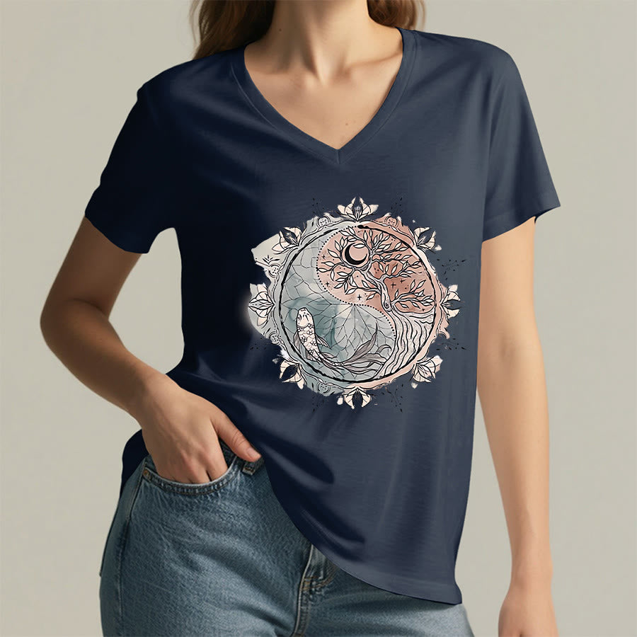 Olivenorma Intricate Yin Yang Nature Design With Tree and Koi V-Neck T-Shirt - image 19