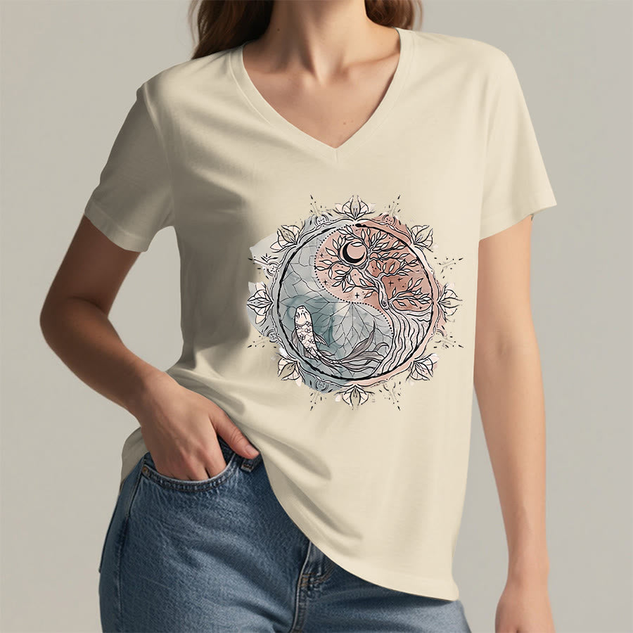 Olivenorma Intricate Yin Yang Nature Design With Tree and Koi V-Neck T-Shirt - image 4