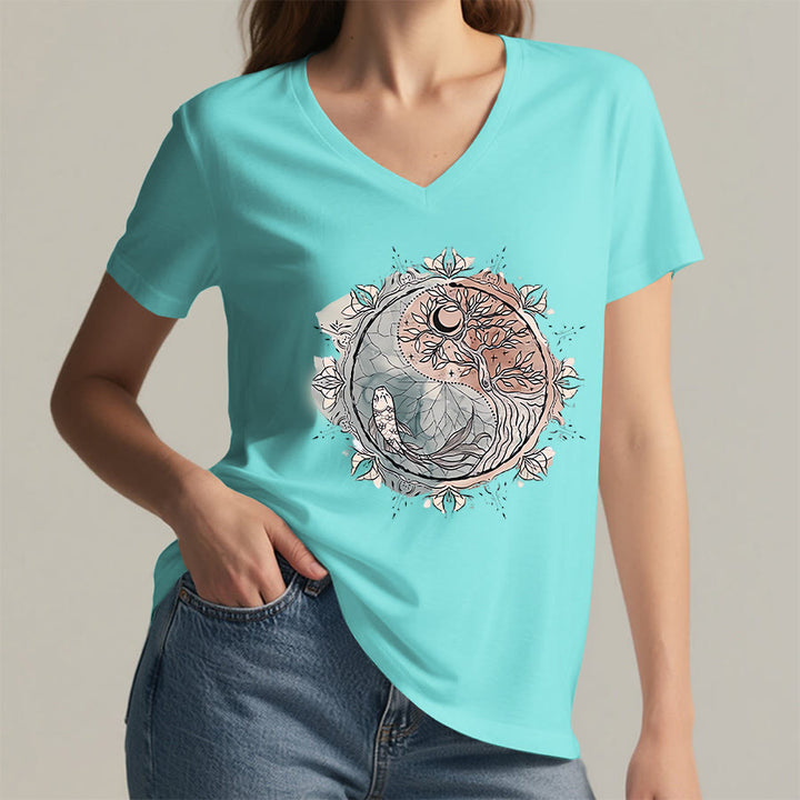 Olivenorma Intricate Yin Yang Nature Design With Tree and Koi V-Neck T-Shirt - image 10