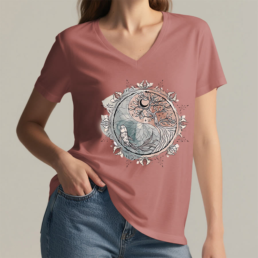 Olivenorma Intricate Yin Yang Nature Design With Tree and Koi V-Neck T-Shirt - image 7