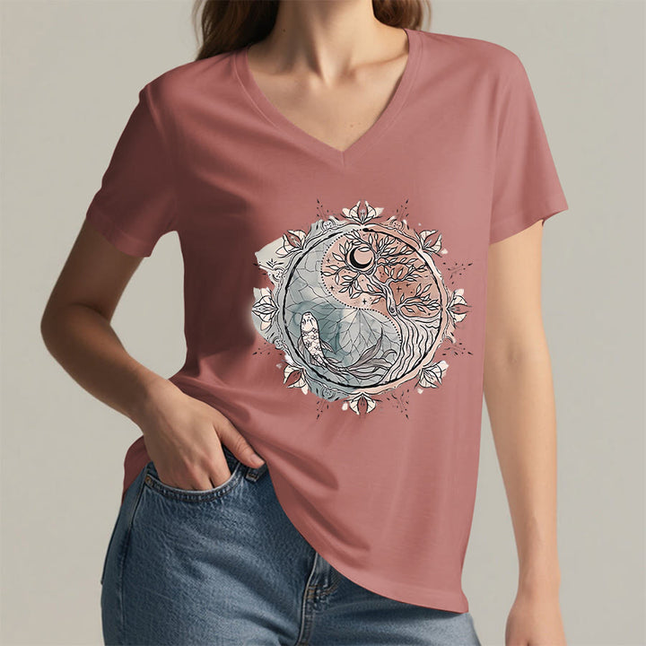 Olivenorma Intricate Yin Yang Nature Design With Tree and Koi V-Neck T-Shirt - image 7