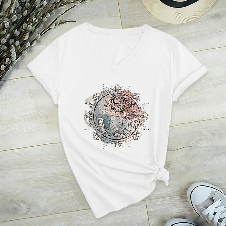 Olivenorma Intricate Yin Yang Nature Design With Tree and Koi V-Neck T-Shirt - image 2