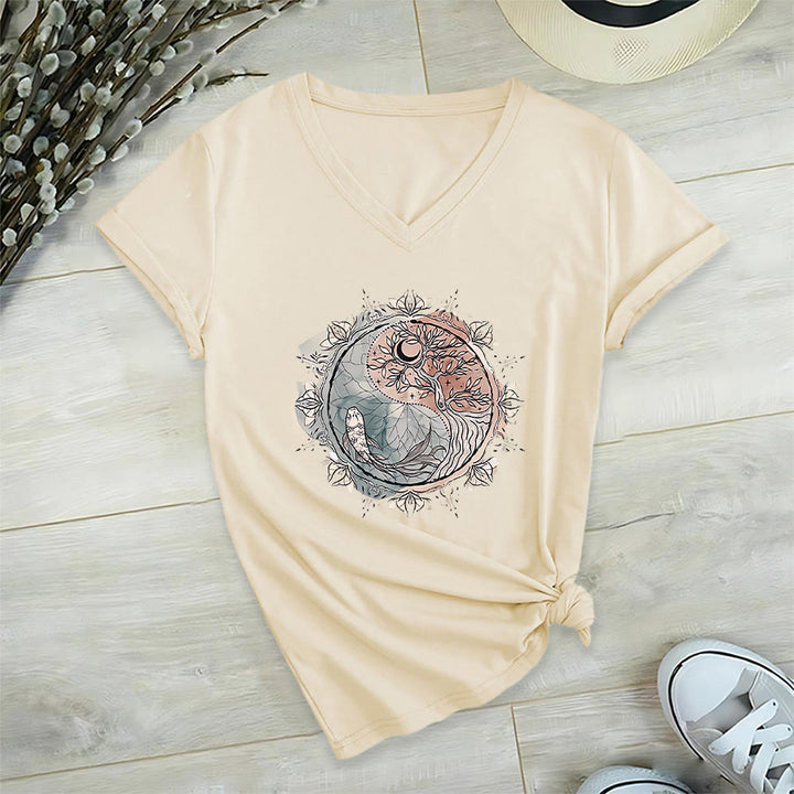 Olivenorma Intricate Yin Yang Nature Design With Tree and Koi V-Neck T-Shirt - image 5