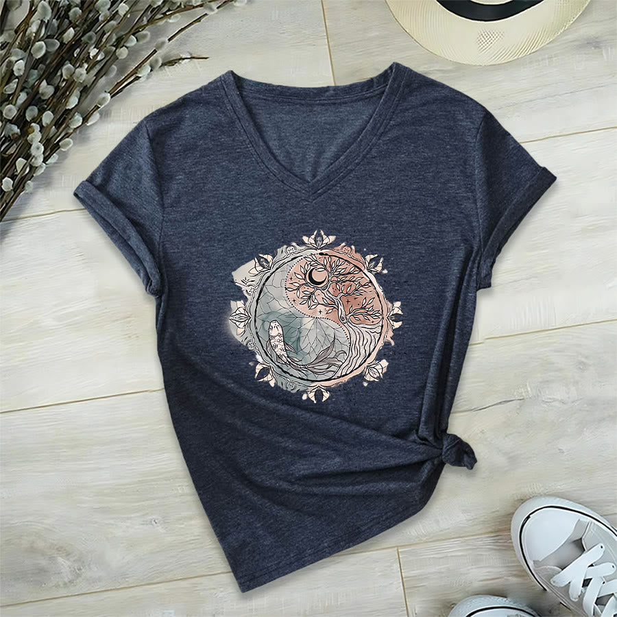 Olivenorma Intricate Yin Yang Nature Design With Tree and Koi V-Neck T-Shirt - image 20