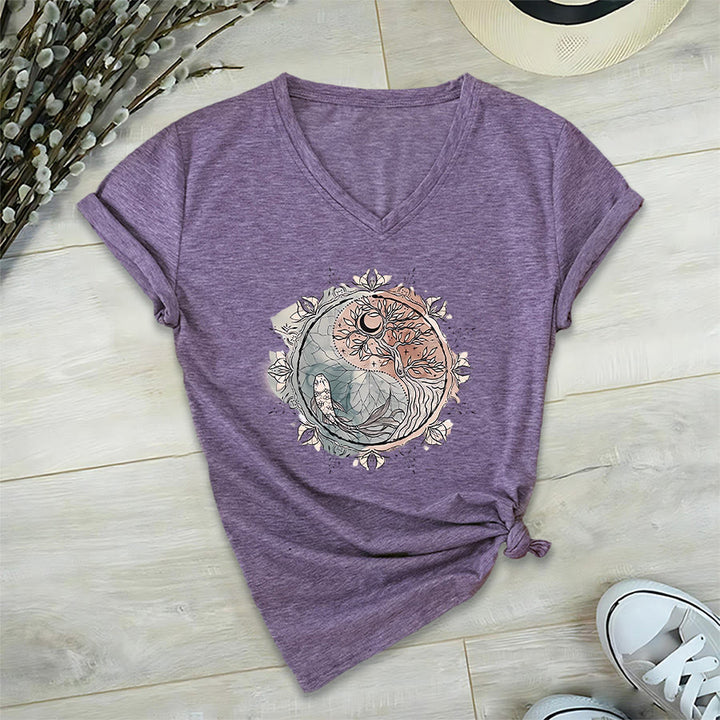 Olivenorma Intricate Yin Yang Nature Design With Tree and Koi V-Neck T-Shirt - image 38