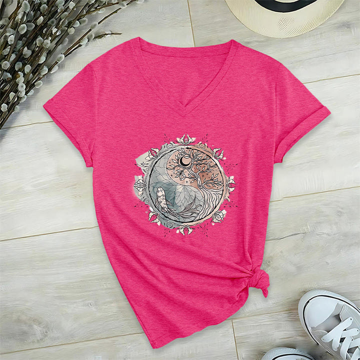 Olivenorma Intricate Yin Yang Nature Design With Tree and Koi V-Neck T-Shirt - image 35