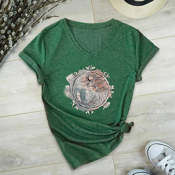 Olivenorma Intricate Yin Yang Nature Design With Tree and Koi V-Neck T-Shirt - image 23