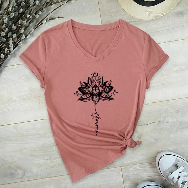 Olivenorma Intricate Lotus Mandala With Namaste Design V-Neck T-Shirt - Pink - 2XL - image 6