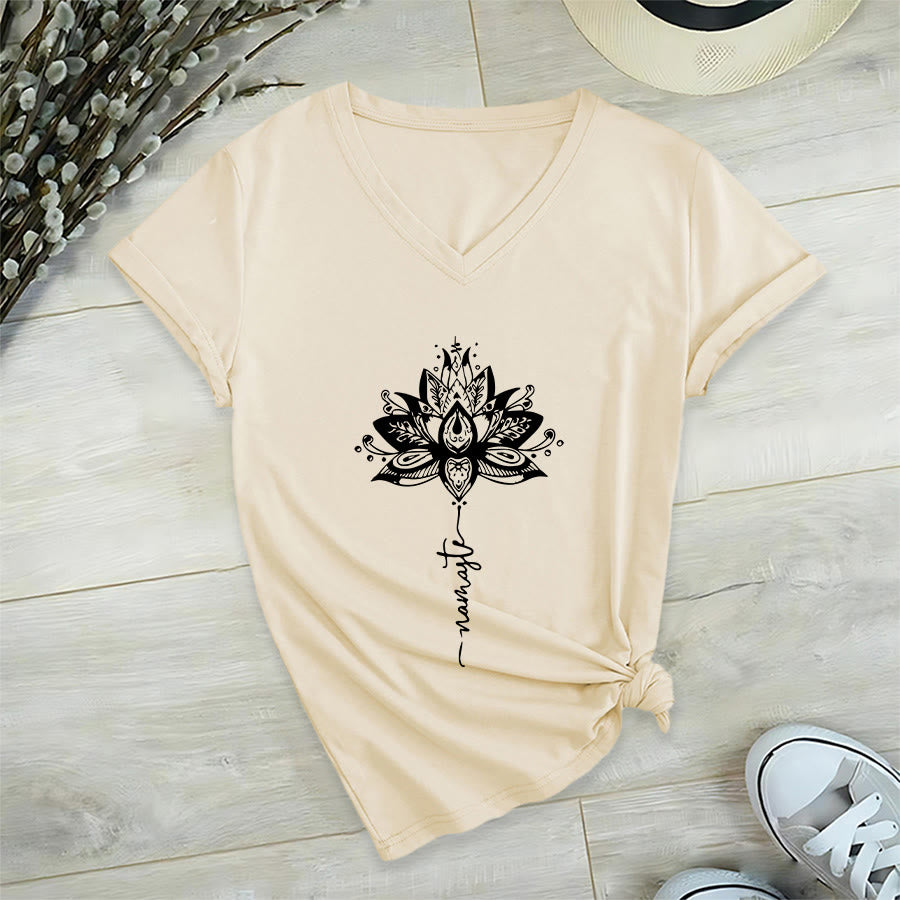 Olivenorma Intricate Lotus Mandala With Namaste Design V-Neck T-Shirt - Khaki - 2XL - image 3