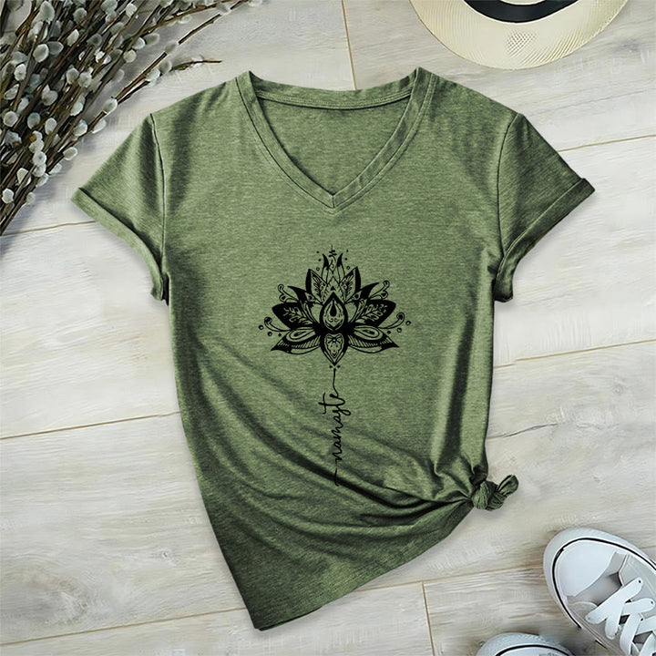 Olivenorma Intricate Lotus Mandala With Namaste Design V-Neck T-Shirt - Olive Green - 2XL - image 24